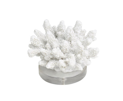 WHITE POLYSTONE CORAL SMALL TEXTURED SCULPTURE WITH CLEAR ACRYLIC BASE, 6" X 5" X 4"