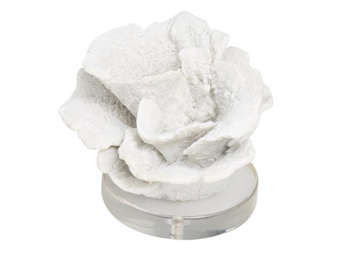 WHITE POLYSTONE CORAL SMALL TEXTURED SCULPTURE WITH CLEAR ACRYLIC BASE, 6" X 5" X 4"