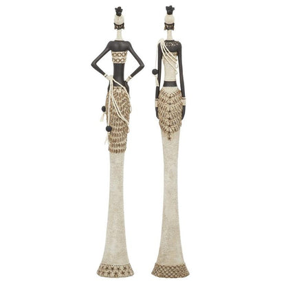 WHITE POLYSTONE WOMAN STANDING AFRICAN SCULPTURE WITH INTRICATE DETAILS 1 PIECE