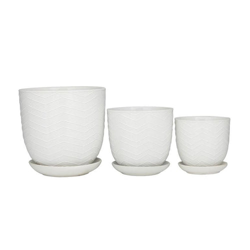 WHITE PORCELAIN INDOOR OUTDOOR PLANTER WITH ATTACHED SAUCER