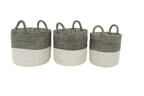 White Seagrass Handmade Two Toned Decorative and Functional Storage Basket with Handles