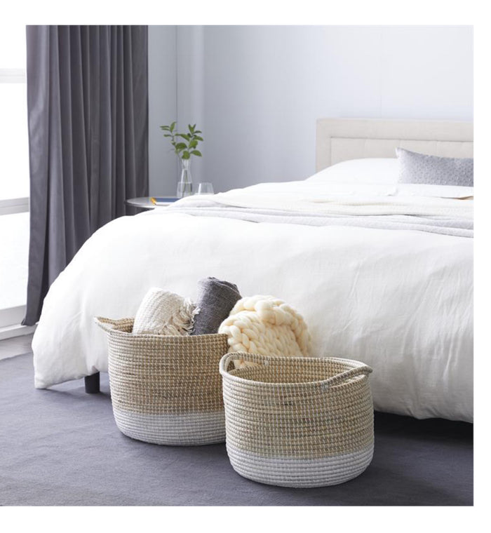 WHITE SEAGRASS HANDMADE TWO TONED STORAGE BASKET WITH HANDLES