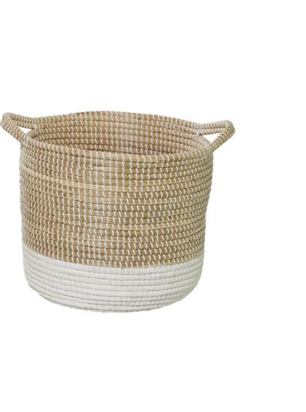 WHITE SEAGRASS HANDMADE TWO TONED STORAGE BASKET WITH HANDLES