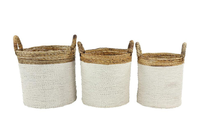 WHITE SEAGRASS HANDMADE TWO TONED STORAGE BASKET WITH HANDLES