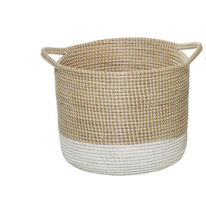 WHITE SEAGRASS HANDMADE TWO TONED STORAGE BASKET WITH HANDLES