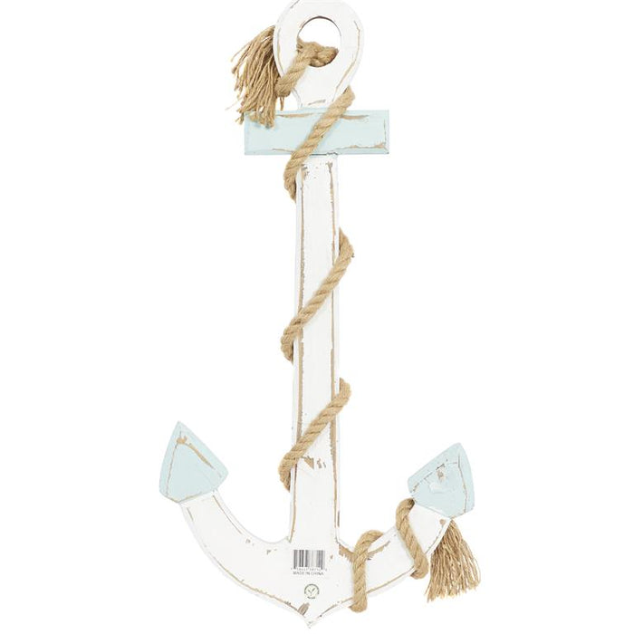 WHITE WOOD ANCHOR WALL DECOR WITH TWISTED ROPE