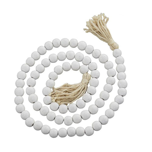 WHITE WOOD HANDMADE BEADED GARLAND WITH TASSEL