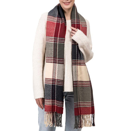 Women Oversized Red, Cream and Gray Plaid Scarf with Tassels