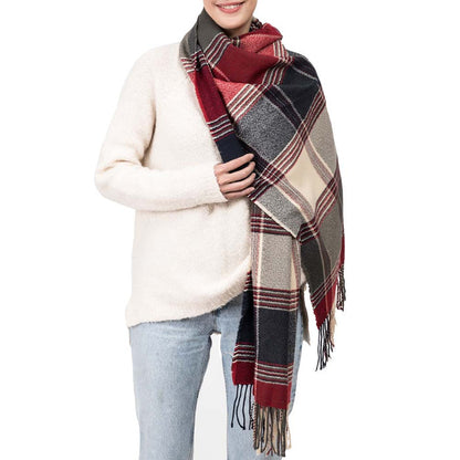 Women Oversized Red, Cream and Gray Plaid Scarf with Tassels