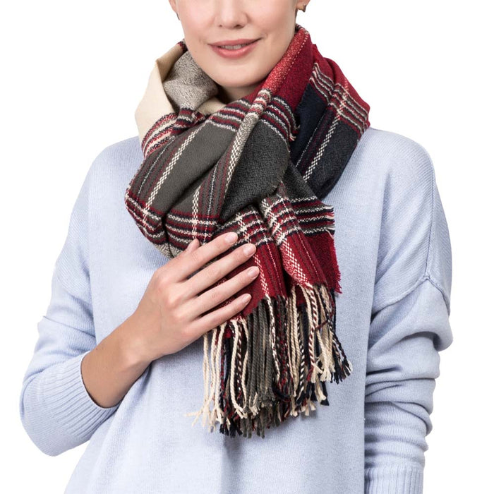 Women Oversized Red, Cream and Gray Plaid Scarf with Tassels