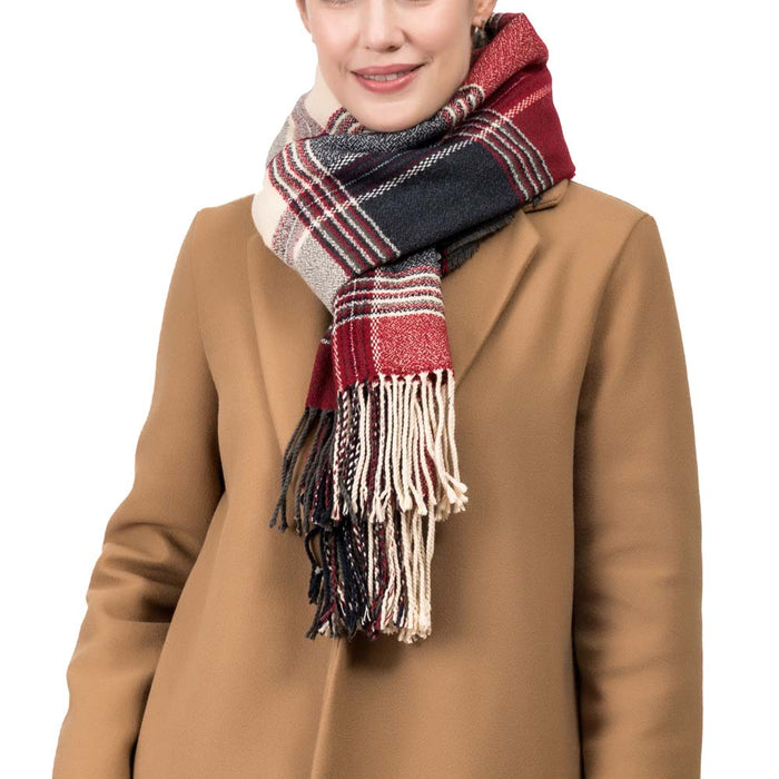 Women Oversized Red, Cream and Gray Plaid Scarf with Tassels