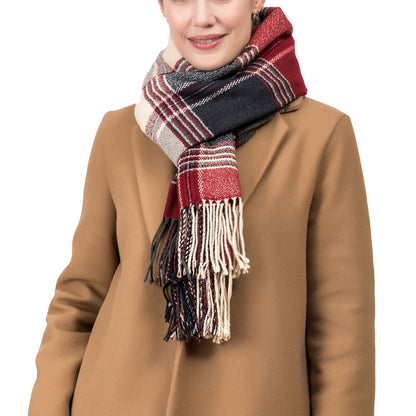 Women Oversized Red, Cream and Gray Plaid Scarf with Tassels