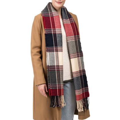 Women Oversized Red, Cream and Gray Plaid Scarf with Tassels