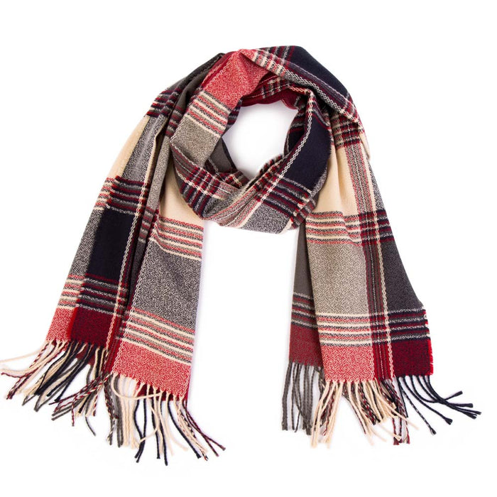 Women Oversized Red, Cream and Gray Plaid Scarf with Tassels