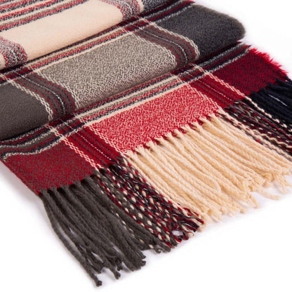 Women Oversized Red, Cream and Gray Plaid Scarf with Tassels