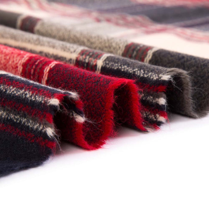 Women Oversized Red, Cream and Gray Plaid Scarf with Tassels