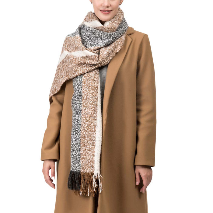 Women Oversized Tan, White and Gray Scarf with Tassels,250g