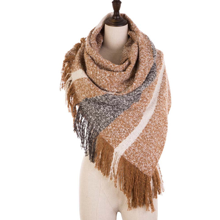 Women Oversized Tan, White and Gray Scarf with Tassels,250g