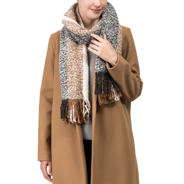Women Oversized Tan, White and Gray Scarf with Tassels,250g