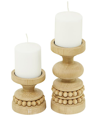 WOOD BEADED PILLAR CANDLE HOLDER, SET OF 2 8", 4"H