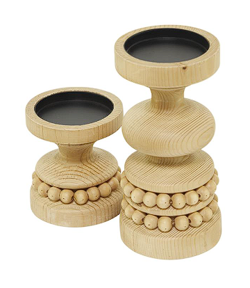 WOOD BEADED PILLAR CANDLE HOLDER, SET OF 2 8", 4"H