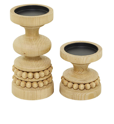 WOOD BEADED PILLAR CANDLE HOLDER, SET OF 2 8", 4"H