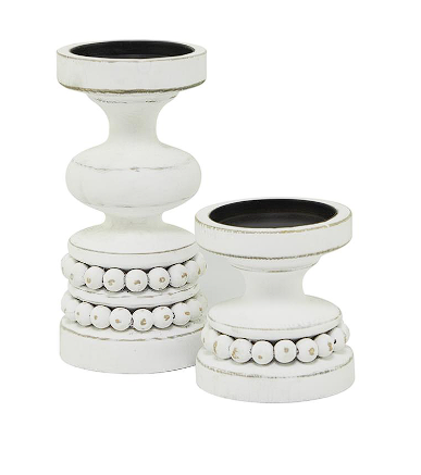 WOOD BEADED PILLAR CANDLE HOLDER, SET OF 2 8", 4"H