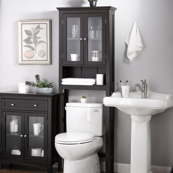 Wooden Free Standing Storage Cabinet with Glass Double Doors, Espresso