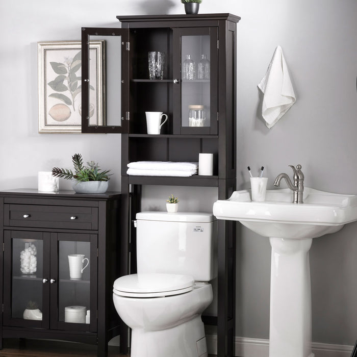Wooden Free Standing Storage Cabinet with Glass Double Doors, Espresso