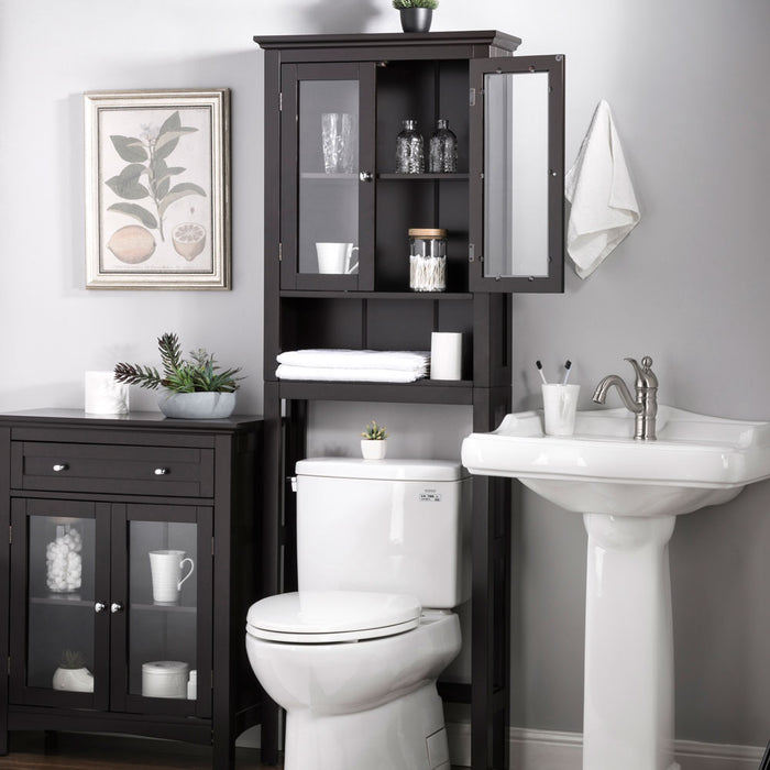 Wooden Free Standing Storage Cabinet with Glass Double Doors, Espresso