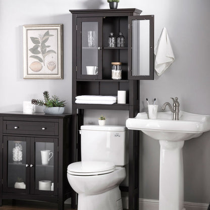 Wooden Free Standing Storage Cabinet with Glass Double Doors, Espresso