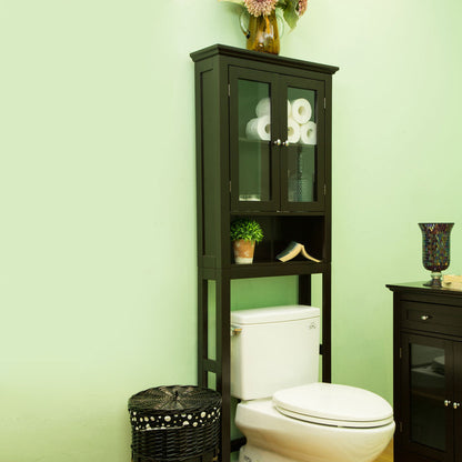 Wooden Free Standing Storage Cabinet with Glass Double Doors, Espresso