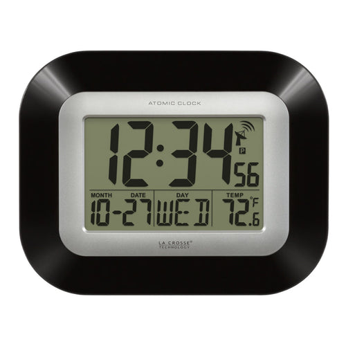 WT-8005U-B Atomic Digital Wall Clock with Indoor Temperature and Date