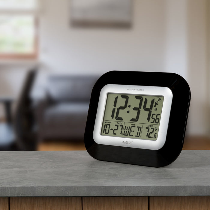 WT-8005U-B Atomic Digital Wall Clock with Indoor Temperature and Date