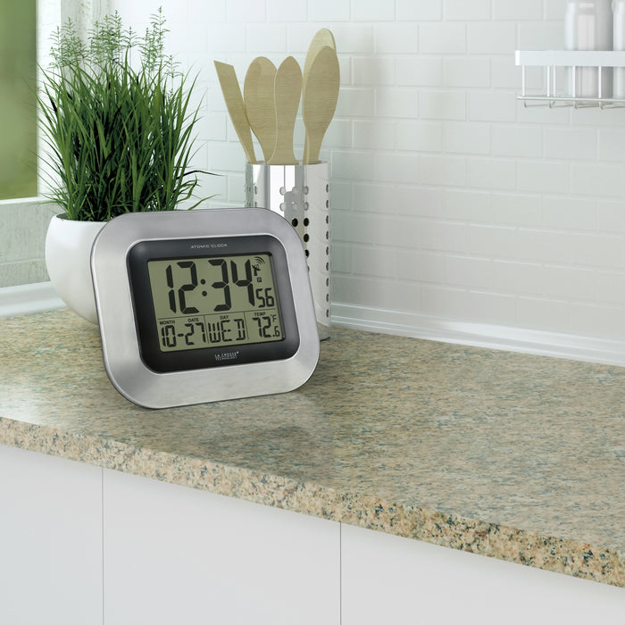 WT-8005U-S Atomic Digital Wall Clock with Indoor Temperature and Date