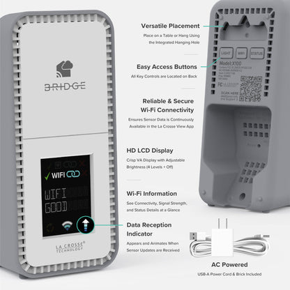 Angled front view and back view of a white and gray La Crosse Technology alert and monitoring system Bridge gateway showing the hanging key hole the function buttons and QR code with feature call outs
