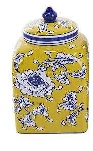 YELLOW CERAMIC FLORAL DECORATIVE JARS WITH BLUE AND WHITE ACCENTS